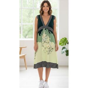 COREY LYNN CALTER Dress Size 2 Green Black Sleeveless Floral Midi Fit & Flare